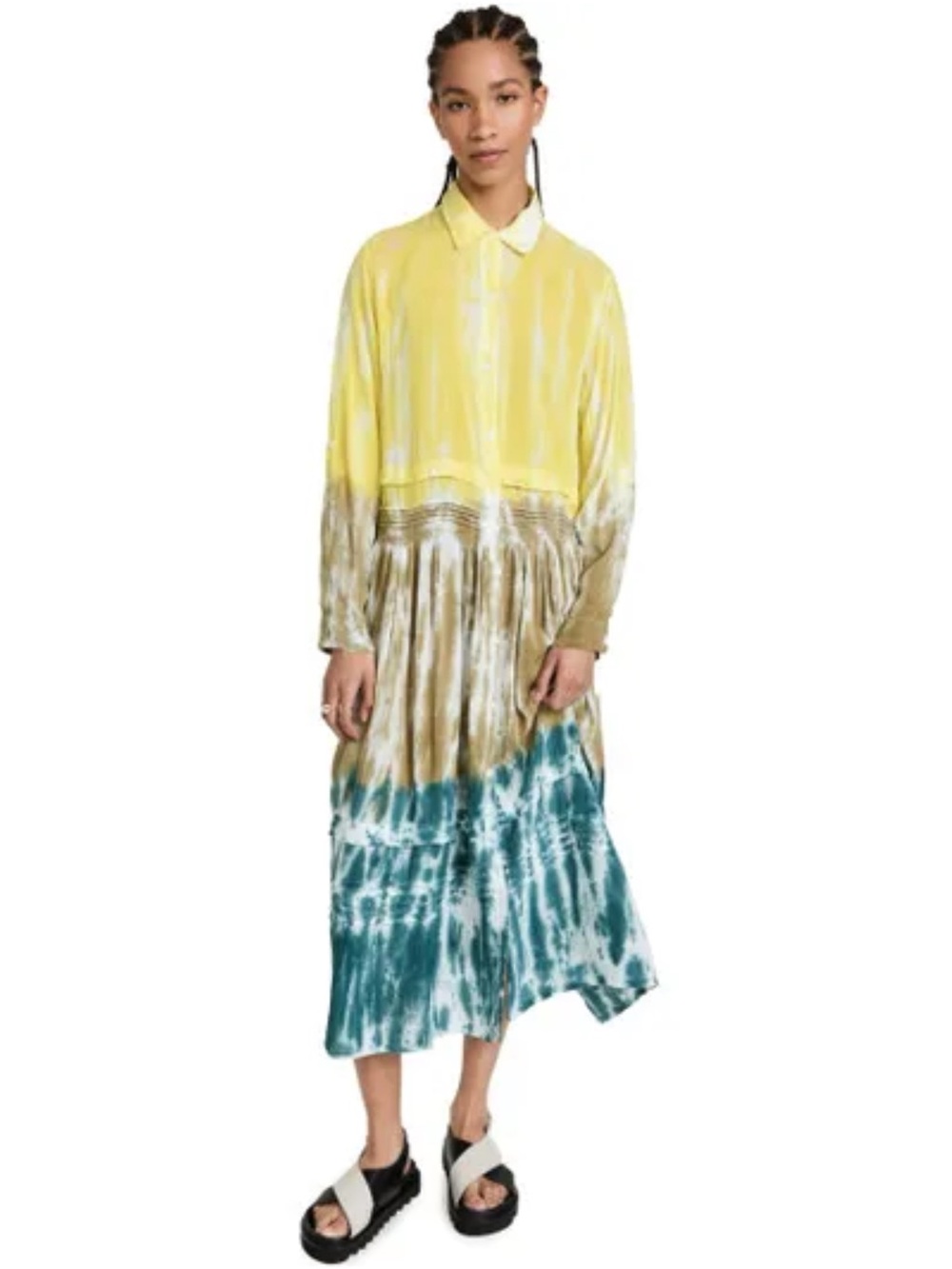 Young Fabulous & Broke Yellow, Olive & Teal Tie-Dye Midi JOANIE SHIRT DRESS